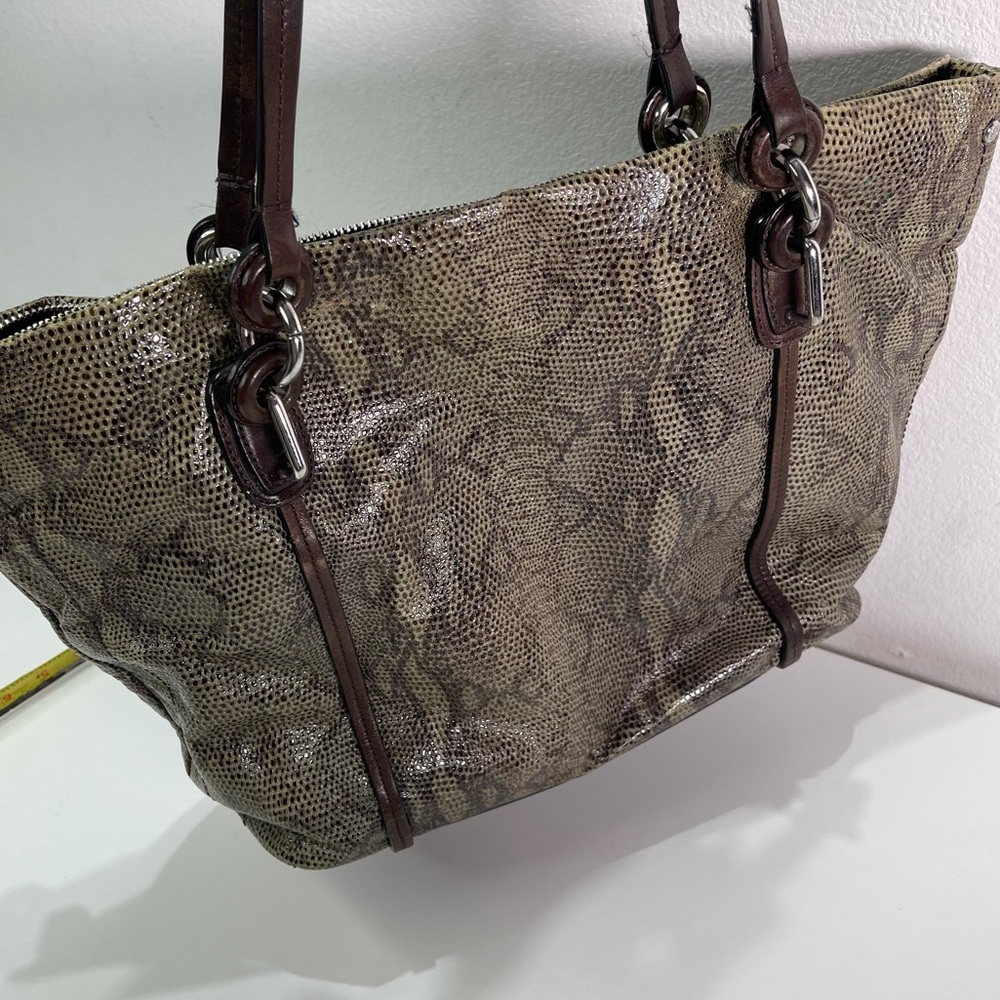 Tumi Snake Print Large Tote Shoulder Handbag Leather Trim Chain Organization